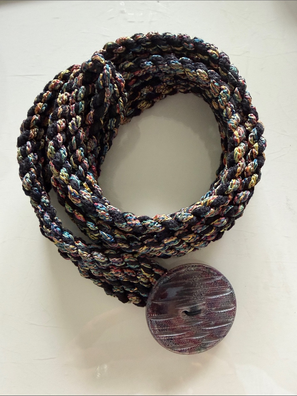 Multicolor Braided Rope Belt with Purple Accent Button. Adjustable. Artsy
